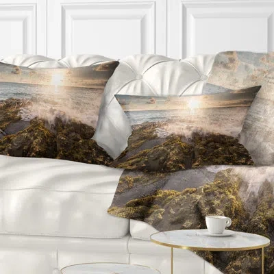 Design Art Beach Photo Sea Waves Impact On Rocky Shore Lumbar Pillow In White