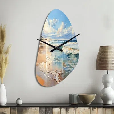 Design Art Beach Photo Seaside Reflections V - Beach Unique Shape Metal Wall Clock, Teal Asymmetrical Clock Pri