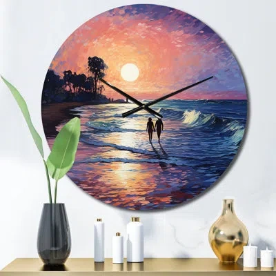 Design Art Beach Photo Seaside Stroll Iii - Beach Wall Clock In Blue;black;orange