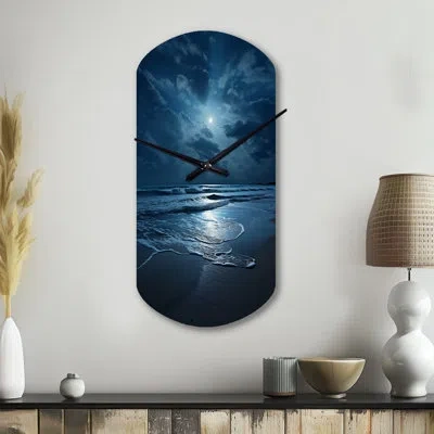 Design Art Beach Photo Serene Moonlight I - Asymmetrical Beach Metal Wall Clock, Blue Wall Clock Print