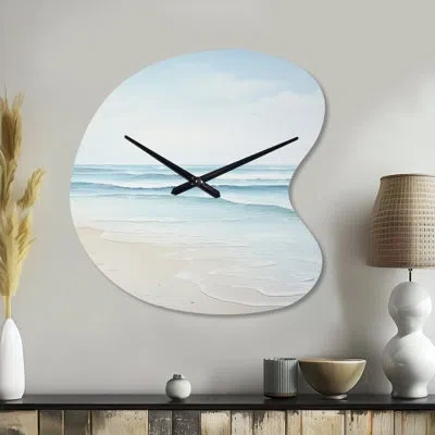 Design Art Beach Photo Tranquil Waters I - Beach Asymmetrical Metal Wall Clock, Blue Freeform Wall Clock Print In Blue;white