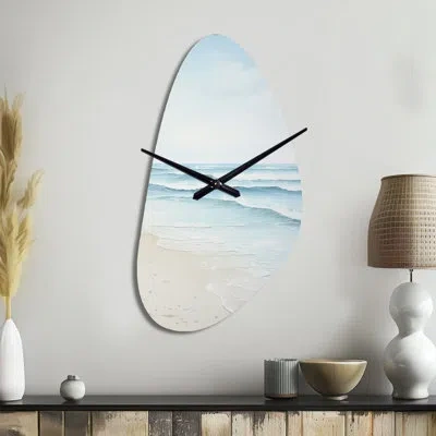 Design Art Beach Photo Tranquil Waters I - Beach Unique Shape Metal Wall Clock, Blue Asymmetrical Clock Print