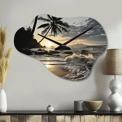 Design Art Beach Photo Tropical Escape Iv - Cloud Beach Metal Wall Clock, Asymmetrical Metal Clock Print In Black;yellow