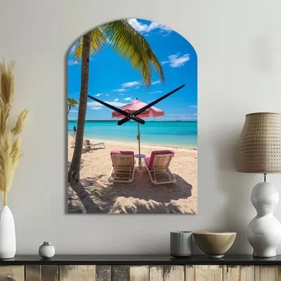 Design Art Beach Pink Beach Chairs - Beach Arch Metal Clock, Coral Asymmetrical Wall Clock Print In Blue;orange