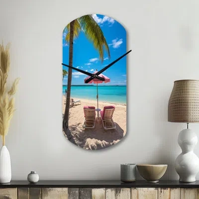 Design Art Beach Pink Beach Chairs - Beach Cylinder Metal Wall Clocks, Coral Asymmetrical Wall Clock Print In Blue;orange