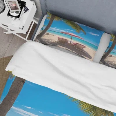 Design Art Beach Pink Beach Chairs - Coastal Beach Duvet Cover Set - Microfiber Polyester In Blue;coral