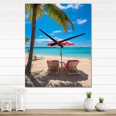 Design Art Beach Pink Beach Chairs - Nautical & Beach Modern Wall Clock In Blue;coral