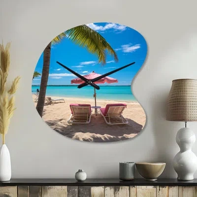 Design Art Beach Pink Beach Chairs - Unique Shape Beach Metal Wall Clock, Asymmetrical Clock Print In Blue;orange