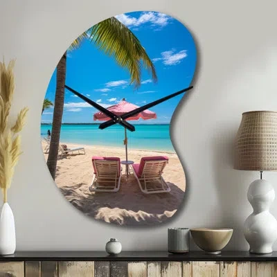 Design Art Beach Pink Beach Chairs - Unique Shape Beach Metal Wall Clock, Asymmetrical Clock Print In Blue;orange