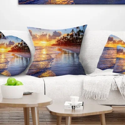 Design Art Beach Side Resort With Palm Trees - Sea & Shore Printed Pillow In Yellow