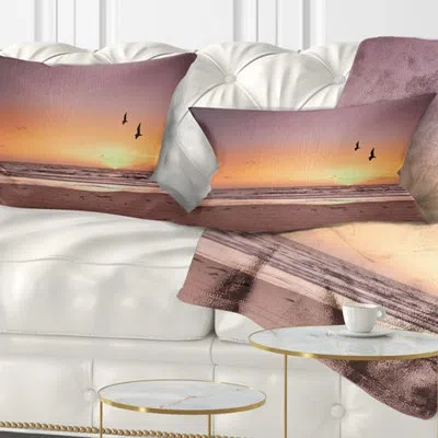 Design Art Beach Sunset And Sea Gulls - Sea & Shore Printed Throw Pillow