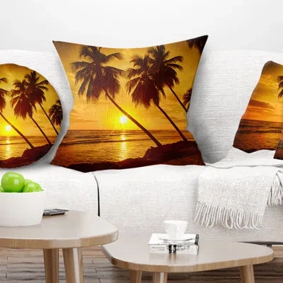 Design Art Beach Sunset In Island Barbados - Sea & Shore Printed Pillow In Blue;black;brown;green;red;yellow