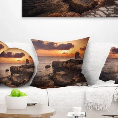Design Art Beach Sunset With Ancient Ruins - Sea & Shore Printed Pillow In Orange