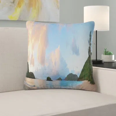 Design Art Beach Sunset With Clouds - Landscape Printed Pillow In Yellow