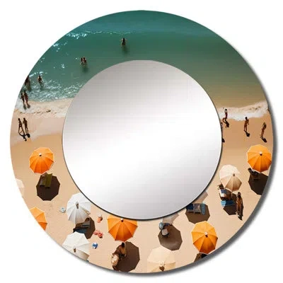 Design Art Beach Umbrella Aerial View Iii - Beach Sand Unique Wall Mirror, Coastal Round Mirror, Printed Metal  In White;orange