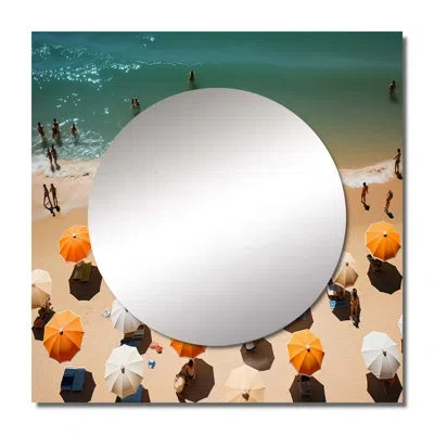 Design Art Beach Umbrella Aerial View Iii - Nautical & Beach Large Square Mirror For Wall Art Decor In White;orange