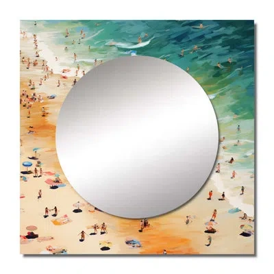 Design Art Beach Umbrella Aerial View Vi - Nautical & Beach Square Mirror Wall Art For Bathroom In White;orange