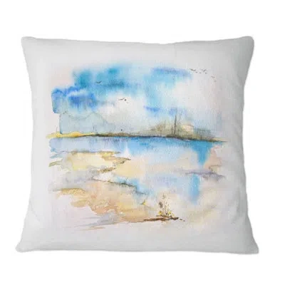 Design Art Beach View With Ocean Horizon - Nautical & Coastal Printed Throw Pillow In Blue