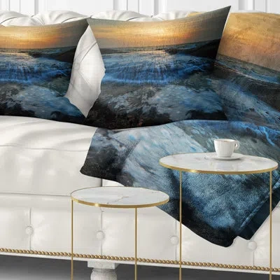 Design Art Beach With Rushing White Waves - Sea & Shore Printed Throw Pillow In Blue;orange