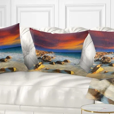 Design Art Beach With Stones On Foreground - Sea & Shore Printed Throw Pillow In Blue