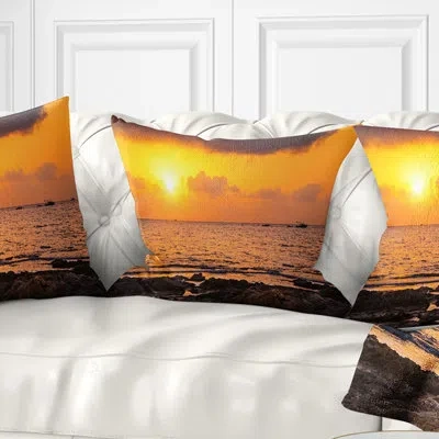 Design Art Beautiful African Rocky Coast - Sea & Shore Printed Pillow In Orange