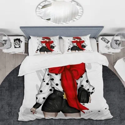 Design Art Beautiful And Stylish Girl In Red Ii - Modern Duvet Cover Set - Microfiber Polyester In White;red