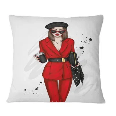 Design Art Beautiful And Stylish Girl In Red Iii - Modern Printed Throw Pillow