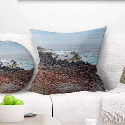 Design Art Beautiful Azores Rocky Coast - Sea & Shore Printed Throw Pillow In Blue