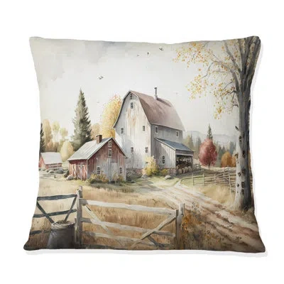 Design Art Beautiful Barn In Spring Ii - Barn Landscape Printed Pillow In Red;beige