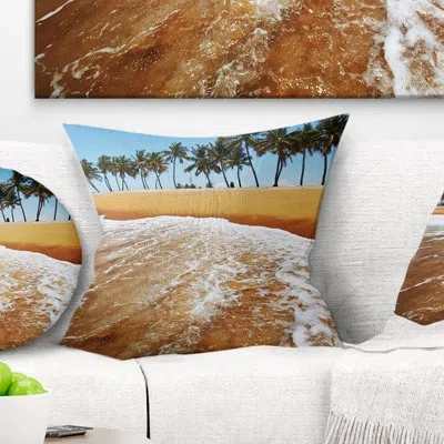 Design Art Beautiful Beach With Row Of Palms - Sea & Shore Printed Pillow In Blue;brown