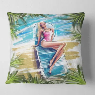 Design Art Beautiful Blond Model At The Beach Sunbathing Square Pillow Cover & Insert In Blue