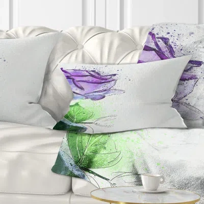 Design Art Beautiful Blue Rose With Leaves - Floral Printed Throw Pillow