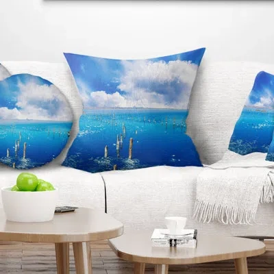 Design Art Beautiful Blue Salk Lake - Sea & Shore Printed Pillow In Blue;white