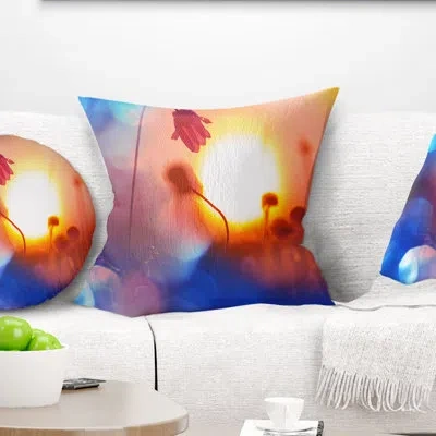 Design Art Beautiful Blurred Flowers At Sunset - Floral Printed Pillow In Blue;red