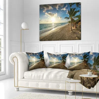 Design Art Beautiful Caribbean Vacation Beach - Sea & Shore Printed Pillow In Blue