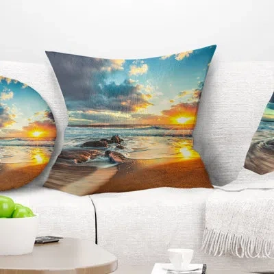 Design Art Beautiful Cloudscape Over The Sea - Sea & Shore Printed Throw Pillow In Orange