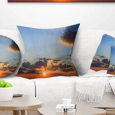 Design Art Beautiful Cloudy Sunset Panorama - Sea & Shore Printed Pillow In Blue