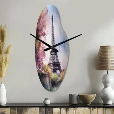 Design Art Beautiful Eiffel Tower In Paris V - Asymmetrical Paris Metal Wall Clock, Blue Wall Clock Print In Blue;purple