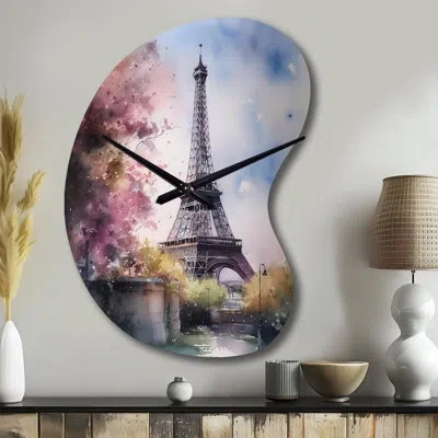 Design Art Beautiful Eiffel Tower In Paris V - Boom Shape Blue Wall Clock Sculpture In Blue;purple