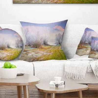 Design Art Beautiful Foggy Autumn Sunset - Landscape Printed Pillow In Green