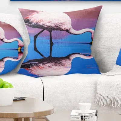 Design Art Beautiful Food Seeking Flamingo - Animal Printed Pillow In Blue