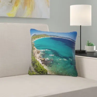 Design Art Beautiful Greek Beach Of Sea - Sea & Shore Printed Pillow In Blue
