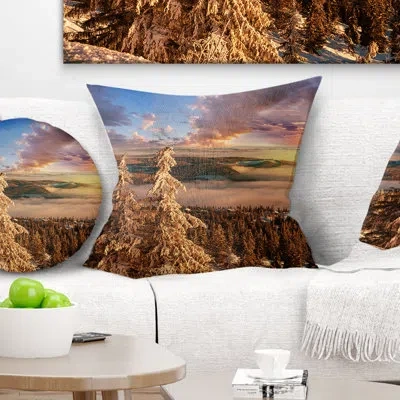 Design Art Beautiful Jungle With Fog At Sunset - Landscape Printed Throw Pillow In Blue;white