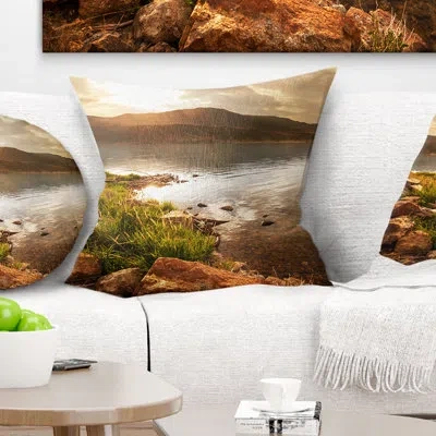 Design Art Beautiful Lake With Rocky Shore - Landscape Printed Pillow In Blue;green