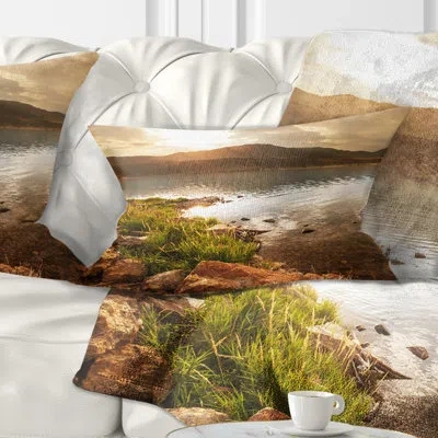Design Art Beautiful Lake With Rocky Shore - Landscape Printed Throw Pillow