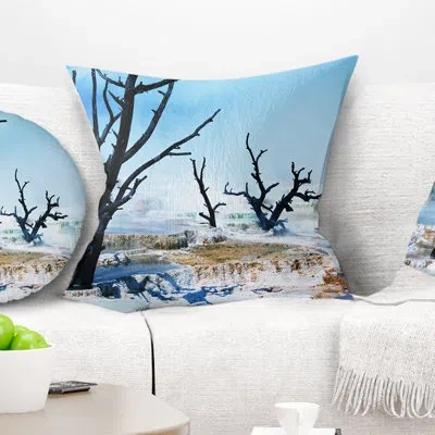 Design Art Beautiful Land With Large Dry Trees - Landscape Printed Pillow In Blue