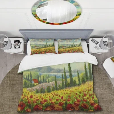 Design Art Beautiful Landscape With Poppies Flowers In Italy - Traditional Polyester Duvet Cover Set In Red,green,yellow