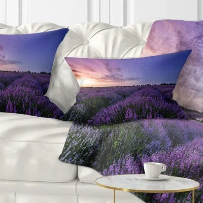 Design Art Beautiful Lavender Flowers At Sunset - Floral Printed Throw Pillow In Purple