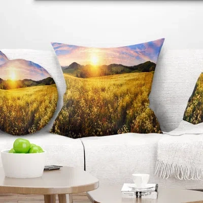 Design Art Beautiful Meadow Panorama - Landscape Printed Pillow In Green