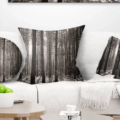 Design Art Beautiful Misty Forest In The Autumn - Forest Printed Throw Pillow In Gray